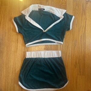 PrettyLittleThing Green and Cream Mini Skirt Set